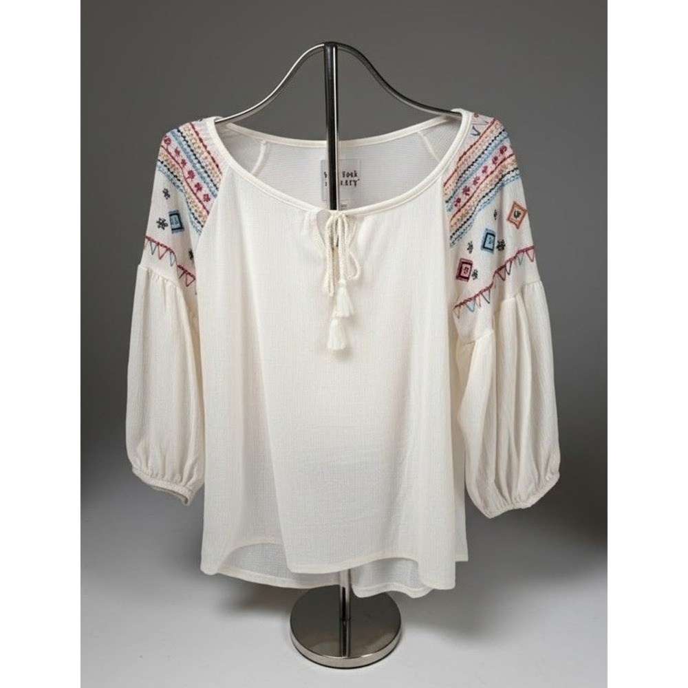 Boho Peasant Top Cream Embroidered Tassel Tie Neck Size L Boho Chic